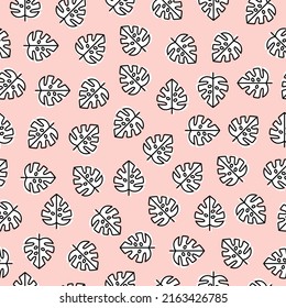 White monstera leaves seamless pattern with pink background.