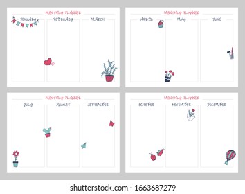 White monthly planner set with bright elements: bugs, letter with flower, air hot balloon