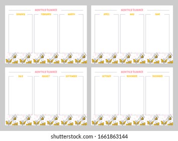 Planner blanco mensual con diseño de abejas amarillas 