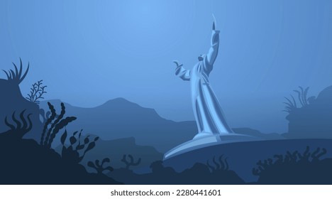 White monument in the deep ocean seabed. Underwater statue of Neptune. Undersea bottom with seaweed. Blue marine scenery. Aquatic ecosystem banner. Seascape poster or background. Vector illustration