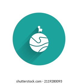 White Moon with flag icon isolated with long shadow. Green circle button. Vector Illustration