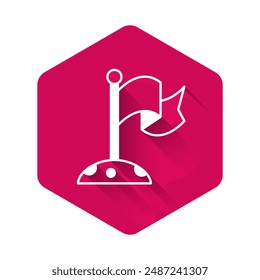 White Moon with flag icon isolated with long shadow background. Pink hexagon button. Vector
