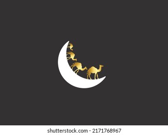 white moon with golden camel. vector illustrations. eid ul adha gratings. 