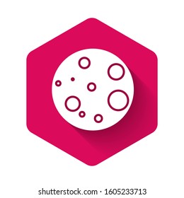 White Moon icon isolated with long shadow. Pink hexagon button. Vector Illustration