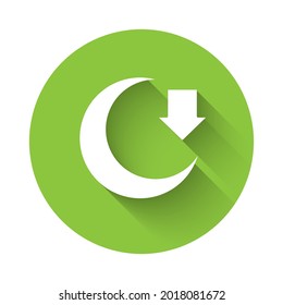 White Moon icon isolated with long shadow. Green circle button. Vector