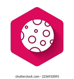 White Moon icon isolated with long shadow. Pink hexagon button. Vector Illustration