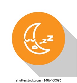 White Moon icon isolated on white background. Cloudy night sign. Sleep dreams symbol. Night or bed time sign. Orange circle button. Vector Illustration