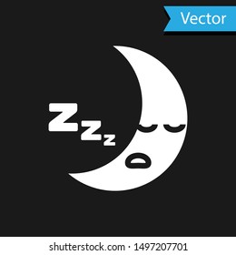 White Moon icon isolated on black background. Cloudy night sign. Sleep dreams symbol. Night or bed time sign.  Vector Illustration