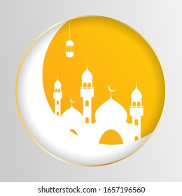 Weißer Mond mit Moschee und Laterne auf goldenem Hintergrund. Vektorillustration Illustration glücklich Ramadan Kareem Grußkartendesign.