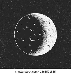 White Moon on black starry background. Hand drawn sketch vintage styled vector illustration.