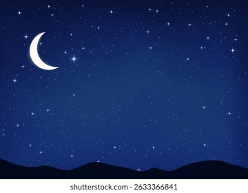 white moon on clear, starry night with bright, twinkling stars against a rich dark blue sky background
