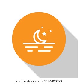 White Moon and stars icon isolated on white background. Orange circle button. Vector Illustration