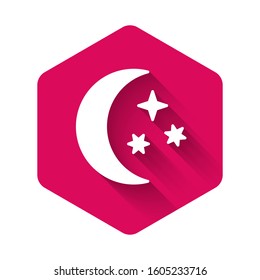 White Moon and stars icon isolated with long shadow. Pink hexagon button. Vector Illustration