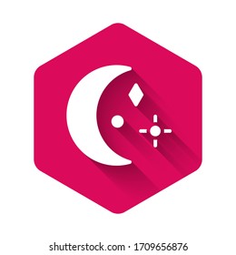 White Moon and stars icon isolated with long shadow. Cloudy night sign. Sleep dreams symbol. Night or bed time sign. Pink hexagon button. Vector Illustration