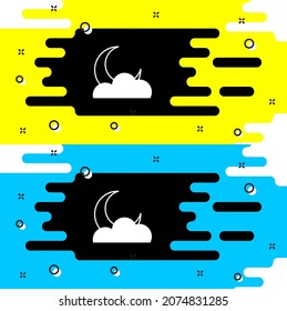 White Moon and stars icon isolated on black background. Cloudy night sign. Sleep dreams symbol. Full moon. Night or bed time sign.  Vector