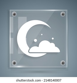 White Moon and stars icon isolated on grey background. Cloudy night sign. Sleep dreams symbol. Night or bed time sign. Square glass panels. Vector