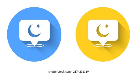 White Moon and stars icon isolated with long shadow background. Cloudy night sign. Sleep dreams symbol. Full moon. Night or bed time sign. Circle button. Vector