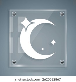 White Moon and stars icon isolated on grey background. Square glass panels. Vector