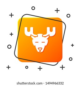 White Moose head with horns icon isolated on white background. Orange square button. Vector Illustration