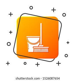 White Mop and bucket icon isolated on white background. Cleaning service concept. Orange square button. Vector Illustration