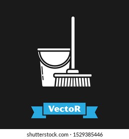 White Mop and bucket icon isolated on black background. Cleaning service concept.  Vector Illustration