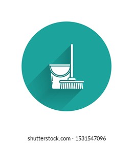 White Mop and bucket icon isolated with long shadow. Cleaning service concept. Green circle button. Vector Illustration