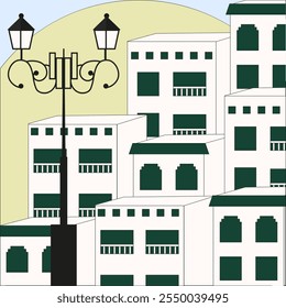 White moroccan city landscape. Simple flat urban art with Geometric white houses. Tetouan travel concept. Vector illustration. 