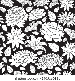 White mosaic flowers vector seamless pattern. hand drawn leaves and line art and black background. for fabric, wallpaper, prints.