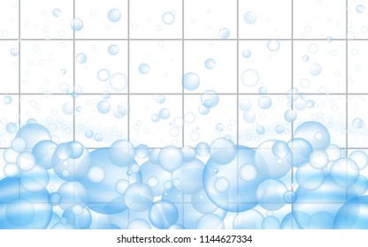 White mosaic tiles background with soap bubbles floating. Bathroom or kitchen cleaners ads. Vector Illustration.