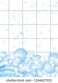 White mosaic tiles vertical background with soap bubbles floating. Bathroom or kitchen cleaners ads. Vector Illustration.