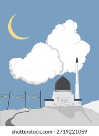 Weiße Moschee mit dunkelgrauer Kuppel und Minaretten mit großer Wolke, Mond und Hängeornament Beleuchtung mit hellem Vordergrund und Schatten.