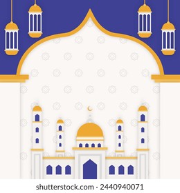 White Mosque with Gold Accents and Lanterns on Light Blue Background Vector Illustration.Ideal for Posters and Banners
