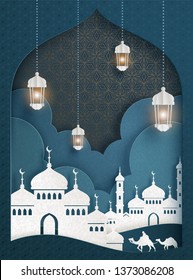 White mosque and lanterns on dark turquoise background