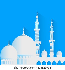 White mosque on the blue background. Vector illustration