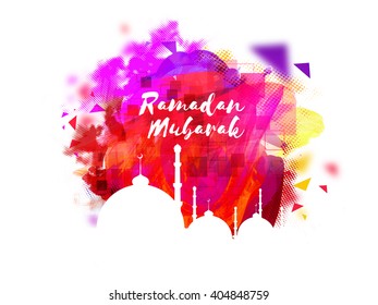 White Mosque on colourful abstract background for Holy Month of Muslim Community, Ramadan Mubarak celebration.