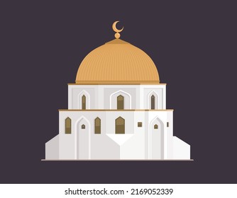 The White Mosque. Prayer. Vector building made of white marble. Large windows. The crescent moon.