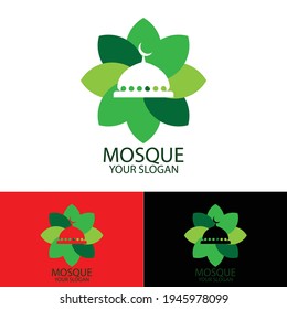 Ilustración vectorial de la mezquita blanca sobre el fondo de una flor de loto verde, genial para los diseños de logos musulmanes con temas verdes