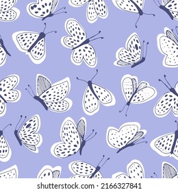 White moths on a blue background vector seamless pattern. Line and spot.