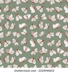 White moths on a green sage color background vector seamless pattern. Line and spot.