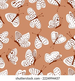 White moths on a green sage color background vector seamless pattern. Line and spot.