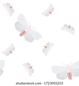 White moths on a light background. Seamless vector pattern with insects. Repeating square pattern for fabric and wallpaper.