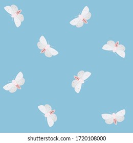 White moths on a light blue background. Seamless vector pattern with insects. Repeating square pattern for fabric and wallpaper.