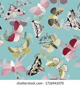 White moths on a light blue, turquoise color background. Seamless vector pattern with insects. Repeating square pattern for fabric and wallpaper.