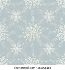 White motif stars / snowflake on light blue background, vector seamless pattern, winter ornaments on the window