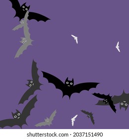 White Motion Attack Retro Flying Bats Art Pattern. Purple Sky Spooky Night Background. Scary Grey Black Print Halloween Modern Design. Violet Gothic Creepy Eyes Colorful Bats Vector Background.