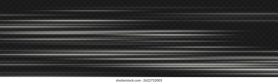 Listras claras de desfoque de movimento branco formando listras horizontais em um plano de fundo transparente escuro. Linhas de velocidade abstratas para IU dinâmica e projetos digitais em rápida evolução.