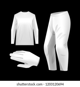 White motocross sportswear kit with crew neck jersey, trousers and gloves. Vector mockup isolated. Sportswear illustration for mountain bike, motocross.