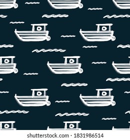 White motor boats and waves isolated on dark blue background. Cute seamless pattern. Vector flat graphic hand drawn illustration. Texture.