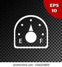 White Motor gas gauge icon isolated on transparent dark background. Empty fuel meter. Full tank indication.  Vector Illustration
