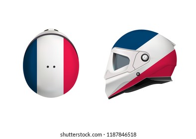 White motorbike classic helmet with France Flag. Front, back and side view